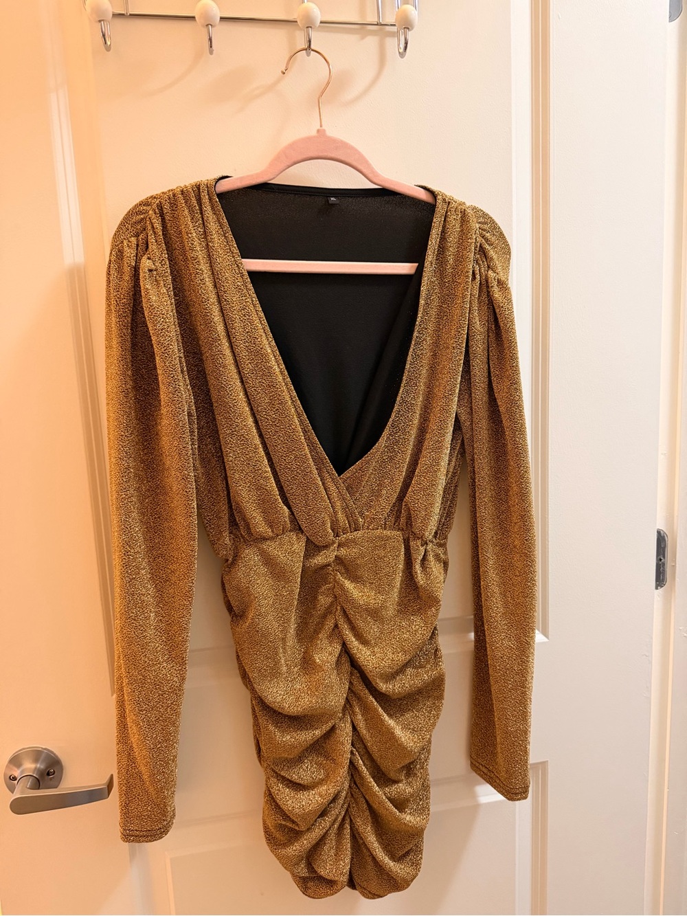 SHEIN Gold Metallic Ruched V‑Neck Long Sleeve Mini Dress